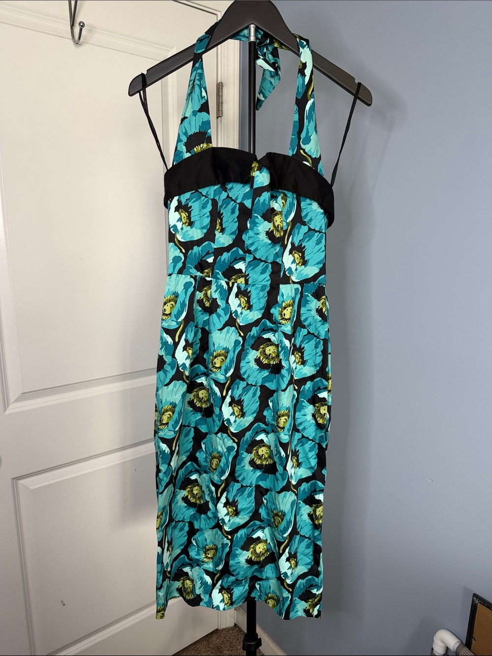 Tatyana Turquoise Floral Halter Midi Dress with Black Accents